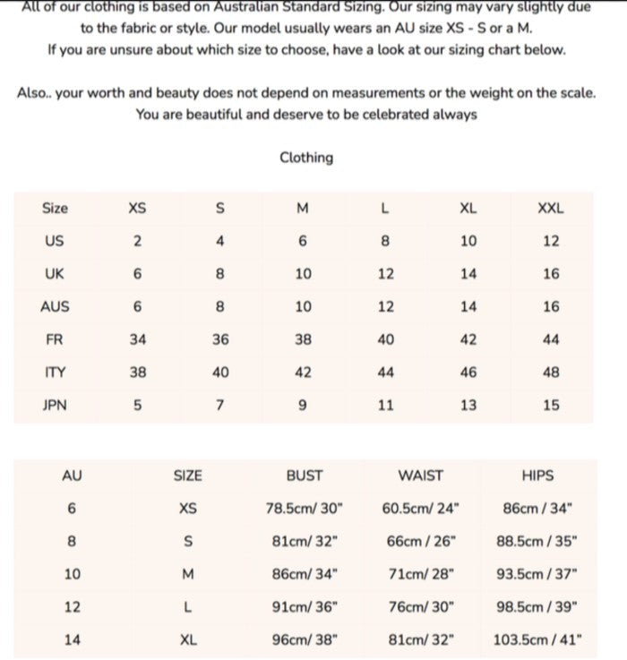 Standard Australian Size Chart Sale Prices